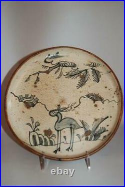 Blue/white aburazara oil plate, deer and tree, Shino ware, Seto, mingei Japan