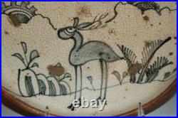 Blue/white aburazara oil plate, deer and tree, Shino ware, Seto, mingei Japan