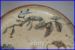 Blue/white aburazara oil plate, deer and tree, Shino ware, Seto, mingei Japan