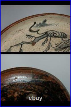 Blue/white aburazara oil plate, deer and tree, Shino ware, Seto, mingei Japan