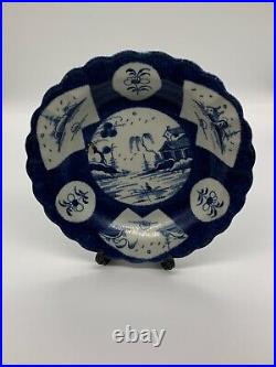 Bow Porcelain Powder Blue Fan Landscape Small Dessert Dish / Plate C. 1758-1762
