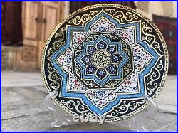 Brass Decorative Plate Handmade 16th C. Uzbek Style Floral, Gold, Blue, White