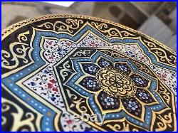 Brass Decorative Plate Handmade 16th C. Uzbek Style Floral, Gold, Blue, White