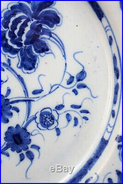 C1750, ANTIQUE 18thC ENGLISH LONDON BLUE & WHITE HAND PAINTED DELFT FLORAL PLATE