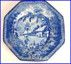 C1820 Set Of 6 Antique Brameld Blue & White Returning Woodsman Octagonal Plates