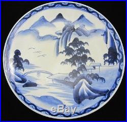 CERAMIC PLATE JAPANESE SOMETSUKI SANSUI Blue White Glaze Hand Painted Cobalt