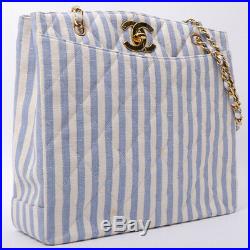 CHANEL Cotton Stripe Pattern CC Mark Turn-lock Plate Chain Tote Bag Blue / White