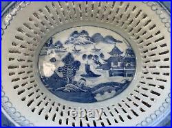 CHINESE vintage BLUE WHITE RETICULATED dish CANTON PORCELAIN chestnut china BOWL