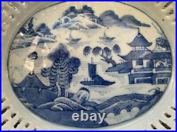 CHINESE vintage BLUE WHITE RETICULATED dish CANTON PORCELAIN chestnut china BOWL