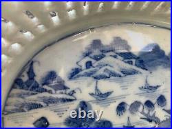 CHINESE vintage BLUE WHITE RETICULATED dish CANTON PORCELAIN chestnut china BOWL