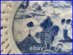 CHINESE vintage BLUE WHITE RETICULATED dish CANTON PORCELAIN chestnut china BOWL