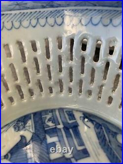 CHINESE vintage BLUE WHITE RETICULATED dish CANTON PORCELAIN chestnut china BOWL