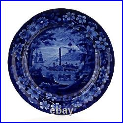 C. 1820's Historical Staffordshire Steamboat Diorama Plate Dark Blue Transferware