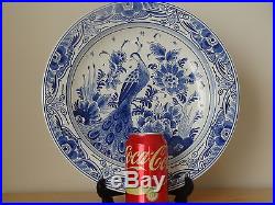 C. 19th Vintage Antique Dutch Delft Blue and White Charger Dish Plate Parrot