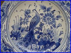 C. 19th Vintage Antique Dutch Delft Blue and White Charger Dish Plate Parrot