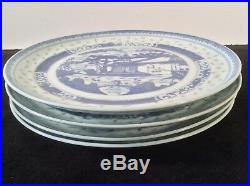 Chinese Antique Blue White Translucent Set 4 Dinner Plates 9.5 Canton Harbor