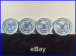 Chinese Antique Blue White Translucent Set 4 Dinner Plates 9.5 Canton Harbor
