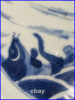 Chinese Antique Blue and White Dragon Plate Marked Early Qing Kangxi 18th C