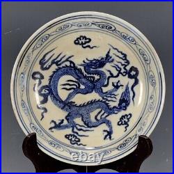 Chinese Antique Plate Blue and White Dragon Cloud Ming Dynasty Porcelain-Marked