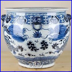 Chinese Large Blue and White Dragons Porcelain Fish Bowl/Planter 20 D