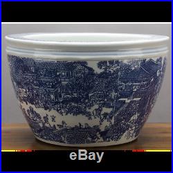 Chinese Large Blue and White Village Chinoiserie Porcelain Bowl/Planter 16 D