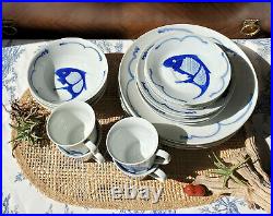 Chinese white ceramic dishes cobalt blue koi goldfish Vtg complete set for 4