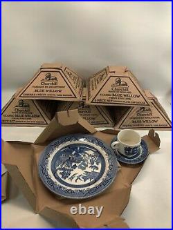 Classic Blue Willow Churchill From England (6) Seats 3 Piece Sets Original NEW