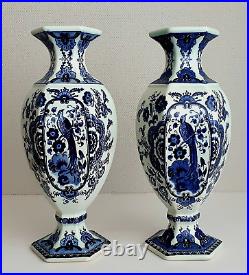 DELFT PAIR OF VASES PEACOCK DECOR by BOCH ROYAL SPHINX HOLLAND