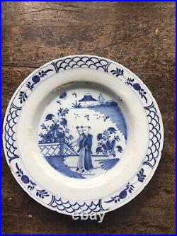 Delft 18th c Plate, Chinamen In Garden Blue & White with unusual border pattern