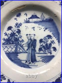 Delft 18th c Plate, Chinamen In Garden Blue & White with unusual border pattern