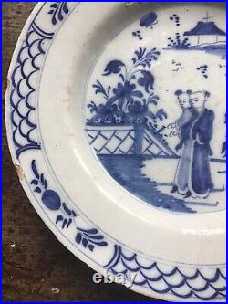 Delft 18th c Plate, Chinamen In Garden Blue & White with unusual border pattern