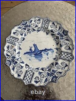 Delft Faience Blue & White Plate Windmill & Boats Hand painted. Signed