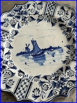 Delft Faience Blue & White Plate Windmill & Boats Hand painted. Signed