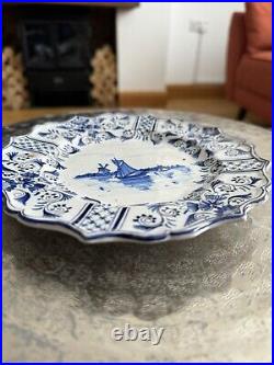 Delft Faience Blue & White Plate Windmill & Boats Hand painted. Signed