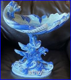 Delft Vintage Blue & White Griffin & Poseidon Rare Centerpiece Maritime Scene