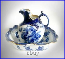 Doulton Burslem flow blue pitcher w basin Gloire de Dejon gold accent