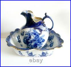 Doulton Burslem flow blue pitcher w basin Gloire de Dejon gold accent