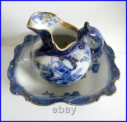 Doulton Burslem flow blue pitcher w basin Gloire de Dejon gold accent