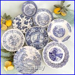 EIGHT Mismatched Blue and White Transferware Plates/Dishes. Mix and Match Plates