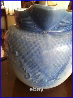 Extremely Rare Daisy Blue and White Salt Glazed Stoneware Pitcher