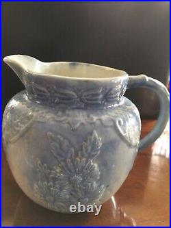 Extremely Rare Daisy Blue and White Salt Glazed Stoneware Pitcher