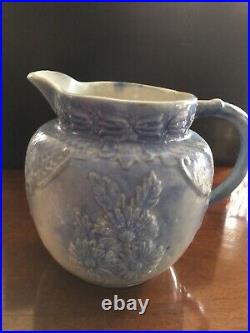 Extremely Rare Daisy Blue and White Salt Glazed Stoneware Pitcher