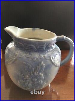 Extremely Rare Daisy Blue and White Salt Glazed Stoneware Pitcher