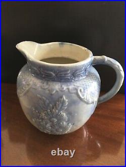 Extremely Rare Daisy Blue and White Salt Glazed Stoneware Pitcher