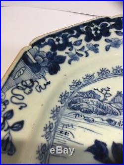FINE CHINESE 18th C QIANLONG BLUE WHITE PLATTER PLATE OVAL DISH 13 BROWN BORDER