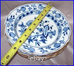 FIVE (5) Antique Meissen Blue Onion Gold Trim Soup Plates 8.5Dia. Crossed Sword