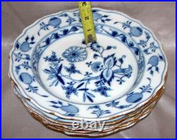 FIVE (5) Antique Meissen Blue Onion Gold Trim Soup Plates 8.5Dia. Crossed Sword