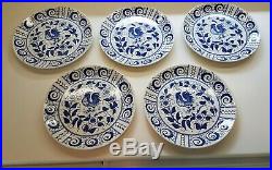 FIVE Johnson Brothers Blue & White Chanticleer Rooster Dinner Plates 10