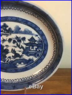 Fine Canton Export Blue & White Oval Plate Willow 1800's