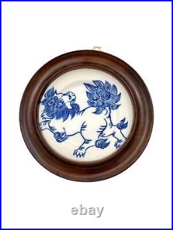 Fitz Floyd Foo Dog Design on Blue and White Plate in Wood Frame Vintage Decor